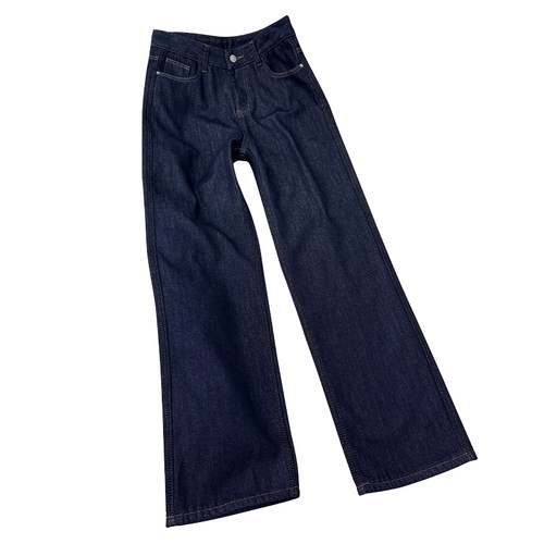 拉夏贝尔深蓝色加绒直筒牛仔裤女