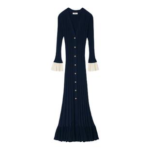 气质深蓝色喇叭袖 时尚 V领收腰针织连衣裙 法式 SANDRO2025秋冬女装
