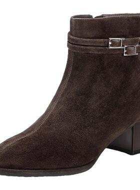 百丽双子星绒面羊皮显瘦超软时装靴子女鞋冬新款高跟短靴E5X1DDD5