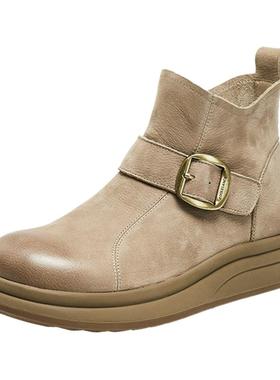 百丽加绒保暖棉鞋休闲靴子女冬季款款真皮厚底切尔西短靴E5D1DDD5