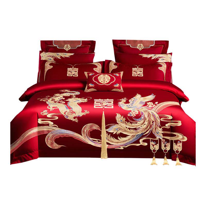 高档婚庆四件套大红龙凤刺绣新婚嫁礼房结婚床上用品喜庆被单床笠