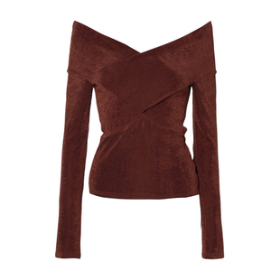 上衣 棕色t恤女流行独特一字领露肩弹力长袖 DPLAY2025年秋季 新款