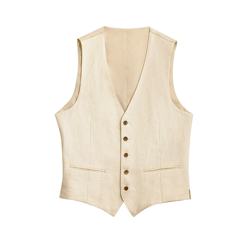 CULTUM100%法国亚麻透气耐穿单排扣无领西装马甲男士商务修身马夹