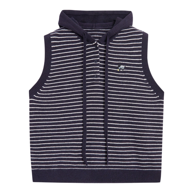 紫涵连帽无袖针织马甲女2025年冬季新款撞色条纹叠穿套头马夹背心