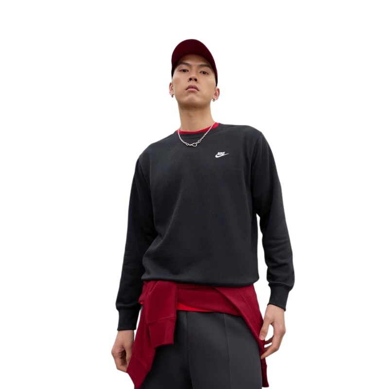 nike耐克卫衣男秋新款针织毛圈刺绣小标黑色圆领套头衫FN3889-010