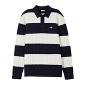 甘特25秋冬男士 条纹毛衣绞花针织衫 翻领美式 GANT 休闲纯绵羊毛衫