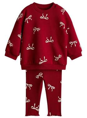 HM童装女婴套装2件式冬季印花红色新年卫衣卫裤1303839