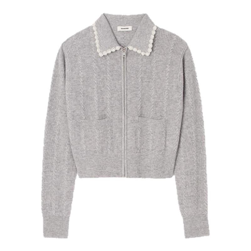 SANDRO仿珠饰麻花纹针织开衫