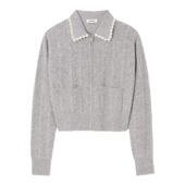 末7折SANDRO2025秋冬新款 女装 法式 季 绵羊毛仿珠饰翻领绞花针织衫