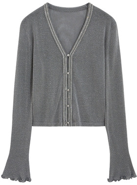 bebe2025秋季新款女士含有粘纤垂坠感喇叭袖小香风针织开衫330602