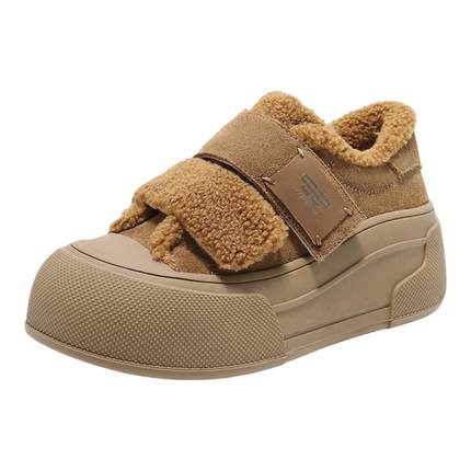 百丽女鞋子毛毛加绒板鞋2025春新款厚底休闲棉鞋雪地靴B2490AM5