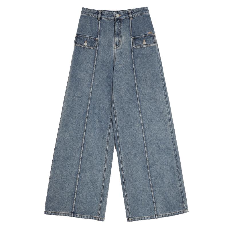 蓝色复古高腰宽松阔腿牛仔裤ELLE