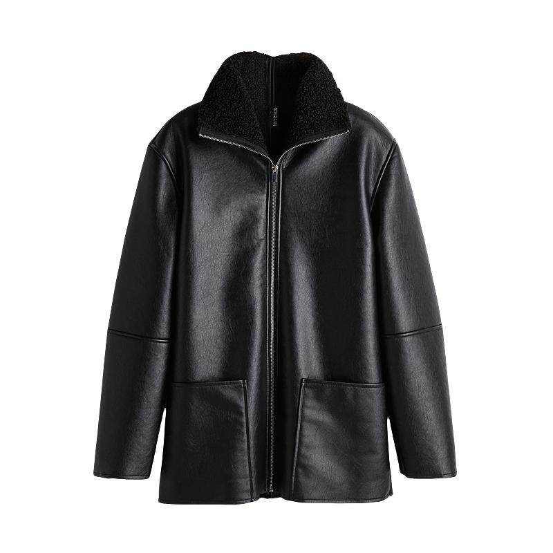HM女装短外套春季时尚泰迪绒保暖衬里涂层皮质毛领派克服1266418