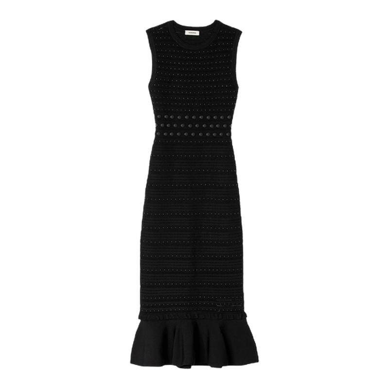 季末6折SANDRO2025秋冬女装法式简约黑色仿钻花边长款针织连衣裙