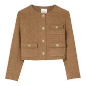 SANDRO秋冬女装 外套 长袖 迪木尔风法式 气质羊毛混纺棕黄色斜纹短款