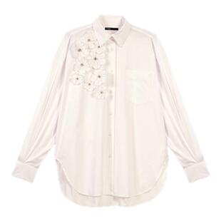 时尚 法式 白色立体花朵仿钻装 饰长袖 Maje博主同款 衬衫 2025春夏女装