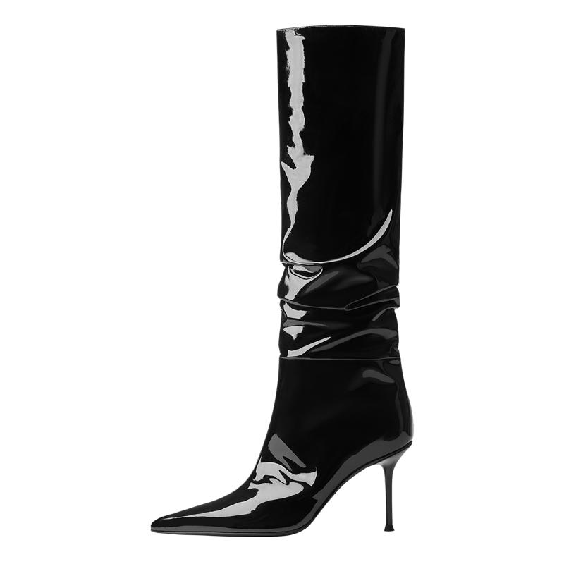 烫高光漆皮及膝长筒时尚社交女鞋