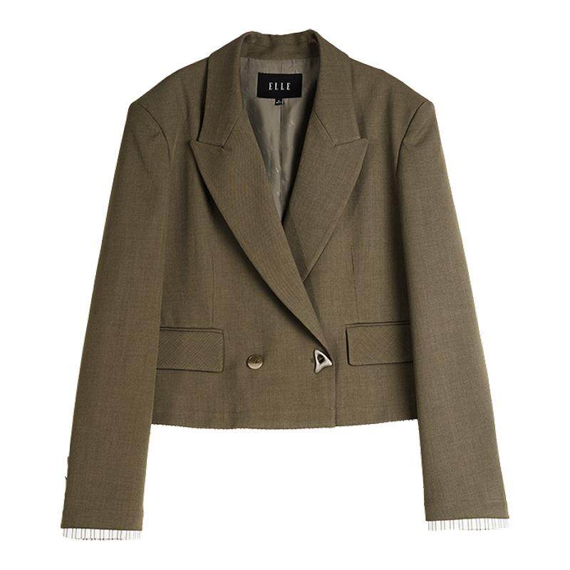 ELLE复古咖色拼接条纹短款西装外套女2025秋季新款时尚小众西服,女装/女士精品,西装,淘宝优惠券,粉丝福利购,淘宝优惠卷