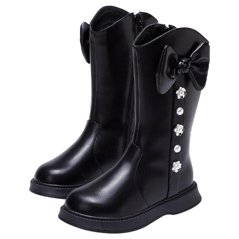 富罗迷女童靴子儿童长筒靴冬季新款防滑加厚洋气女款黑色高筒棉靴