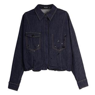 通勤短上衣 翻领时尚 ELLE复古高级感钉珠牛仔外套女2025秋季 新款