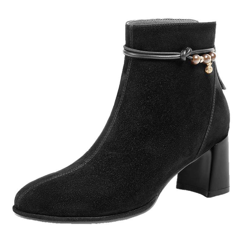 百丽显瘦超软羊皮时装靴新款棉鞋粗高跟气质加绒低筒短靴E8K1DDD5