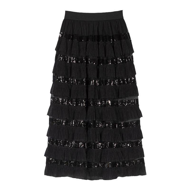 Maje春夏女装法式时尚气质黑色亮片薄纱长款高腰半身裙蛋糕裙,女装/女士精品,半身裙,淘宝优惠券,粉丝福利购,淘宝优惠卷