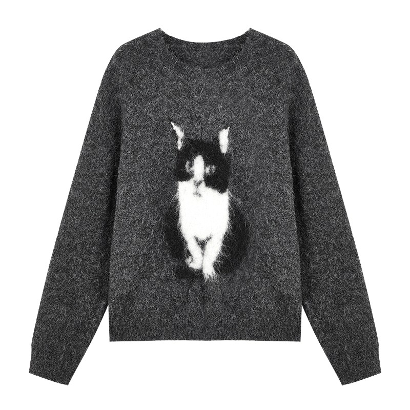 秋水伊人时尚圆领毛针织衫2025年冬季新款女气质猫咪图案套头上衣