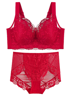 红色内衣内裤本命年女马年大胸显小全罩杯薄款大码文胸套装礼盒装