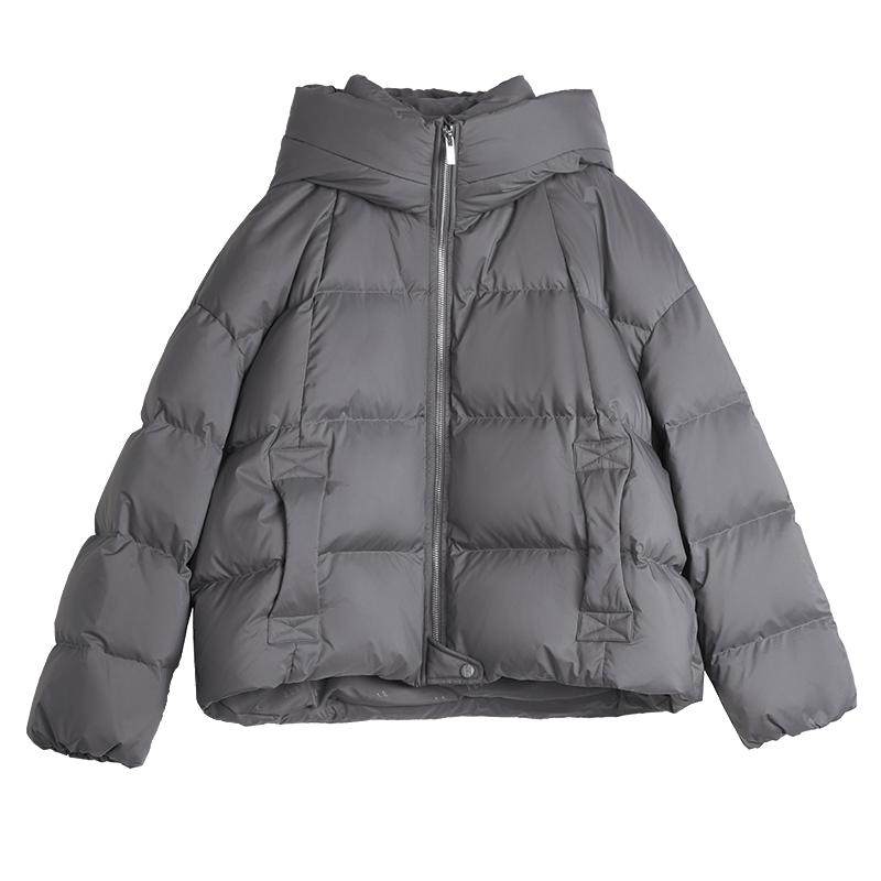 ELLE90鹅绒深灰色短款连帽羽绒服女2025冬季新款简约加厚保暖外套