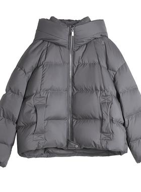 ELLE90鹅绒深灰色短款连帽羽绒服女2025冬季新款简约加厚保暖外套