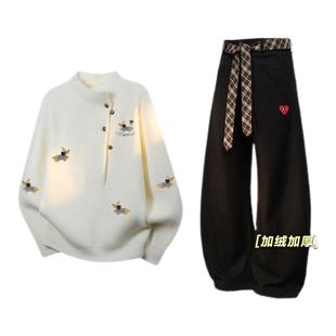 查尔斯桃心休闲套装男女冬季新款针织衫毛衣加绒加厚直筒休闲裤子