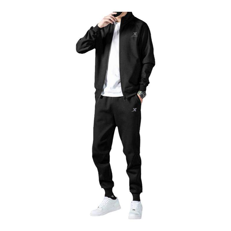 特步加绒夹克运动套装男秋冬新款保暖品牌男士两件套立领黑色外套