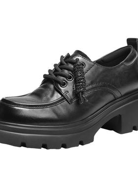 百丽复古厚底牛津鞋女商场春新款乐福黑色小皮鞋深口单鞋E9N1DAM6