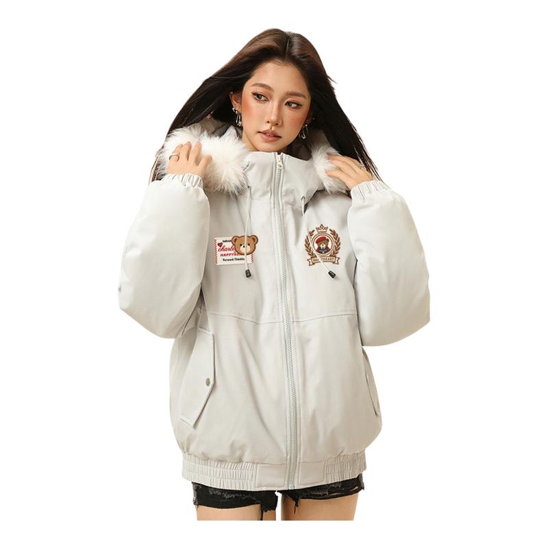 查尔斯桃心小熊印花连帽毛领棉衣