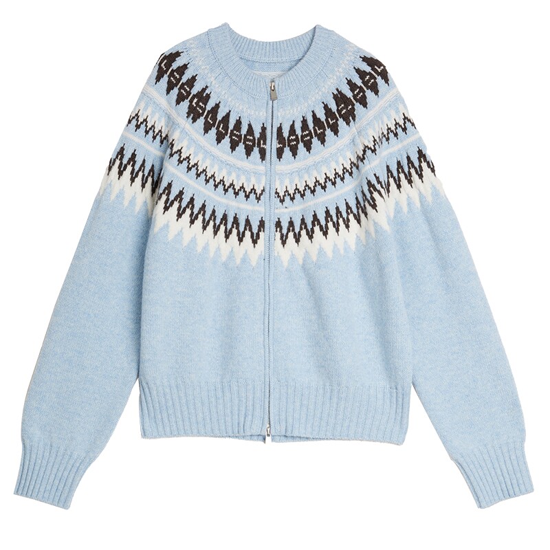 【100%绵羊毛】ELLE费尔岛花型拉链毛衣女2025冬季新款针