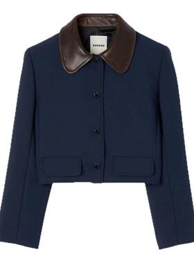 SANDRO2025秋冬新款女装法式简约深蓝色做旧皮革翻领短款上衣外套