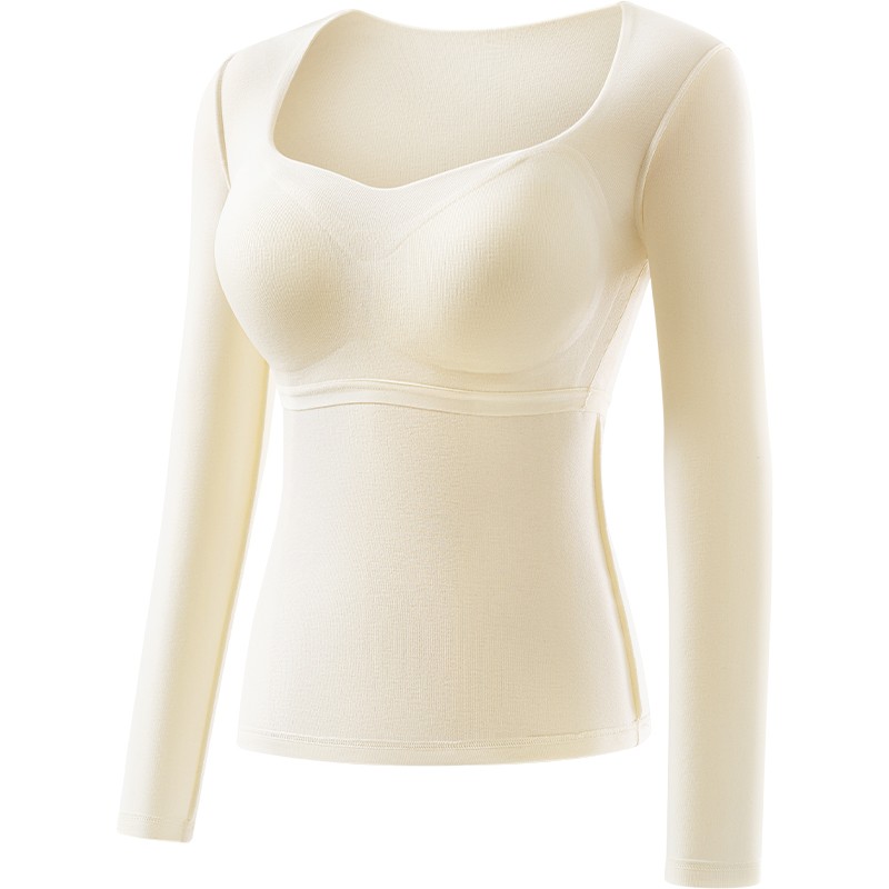 低领保暖内衣女带胸垫打底衫上衣