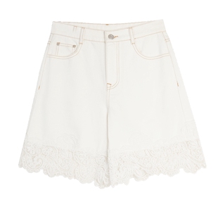 ELLE白色蕾丝花边拼接牛仔短裤女2025夏季新款高级感时尚阔腿裤子