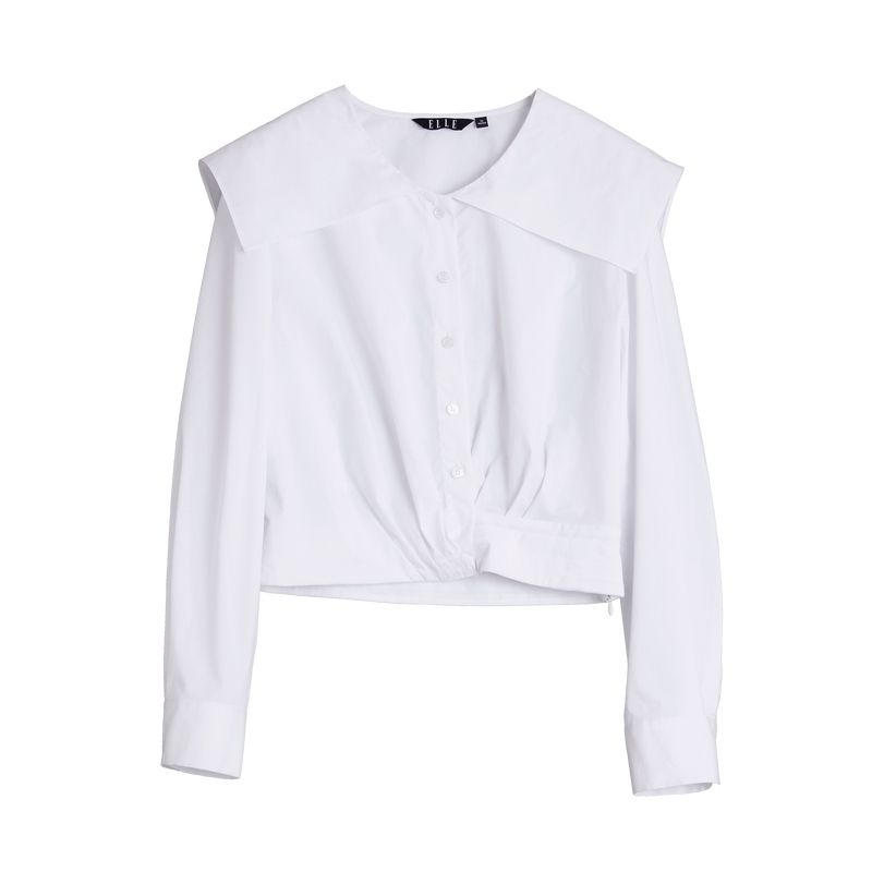 蓝色短款衬elle长袖打底上衣