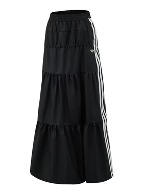 adidas阿迪达斯三叶草2026夏女刺绣logo撞色条纹半身裙长裙KY5728