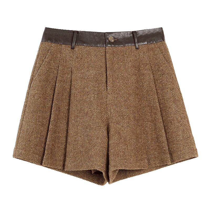 ELLE绵羊毛高级感毛呢休闲短裤女2025冬季新款拼接小个子阔腿