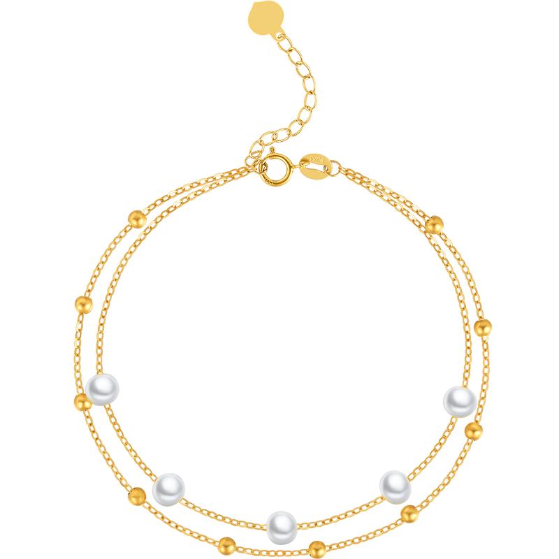 潮宏基黄18K金珍珠手链双层优雅