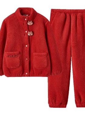 千线艺linefriends联名儿童睡衣大红本命年男女童珊瑚绒家居服冬