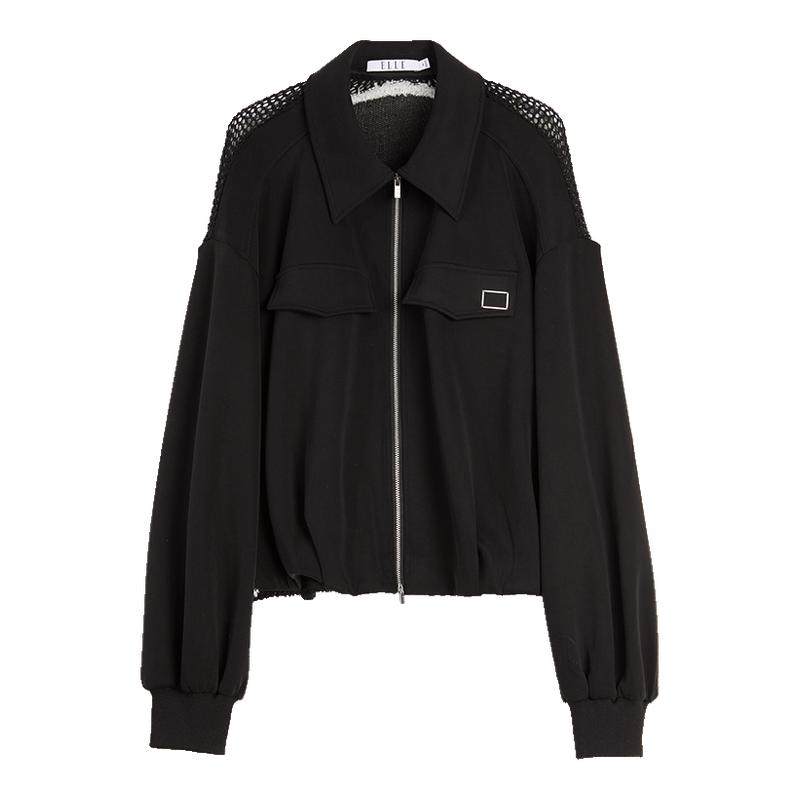 【商场同款】ELLE黑色高级感夹克式卫衣女2025秋季新款宽松短