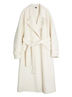 ELLE白色山羊绒优雅翻领双面呢大衣女2025冬季新款小个子羊毛大衣