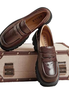 百丽欢乐奏乐福鞋女春新款黑色小皮鞋棕色厚底粗跟单鞋子D2P1DAA5