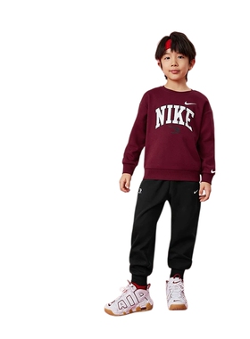 Nike 3brand儿童装加绒红色卫衣套装冬季男女童保暖卫衣长裤2件套