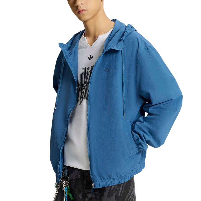 adidas阿迪达斯三叶草蓝色连帽外套2026夏男休闲夹克防风服KT3036