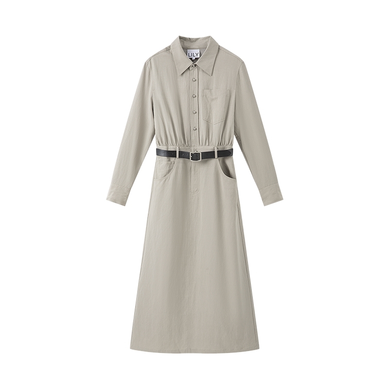 LILY收腰过膝翻领工装混纺连衣裙