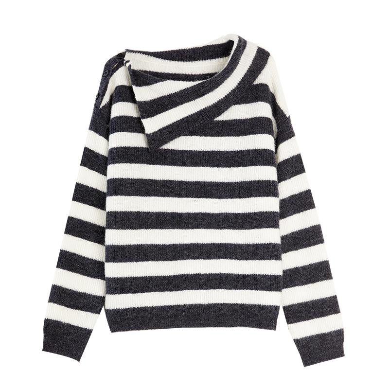 ELLE绵羊毛马海毛条纹针织衫